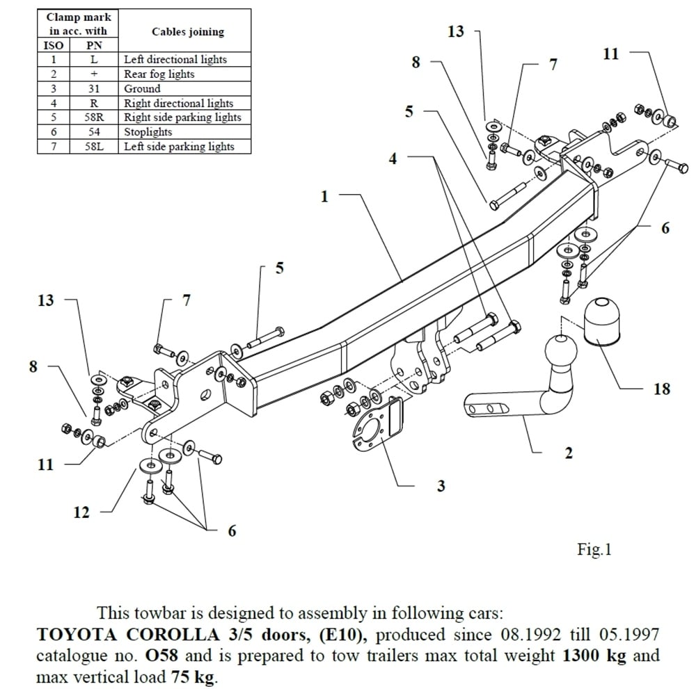 Toyota Corolla 3/5K Çeki Demiri , Kuğu Boynu - Sabit , 1992 - 1997