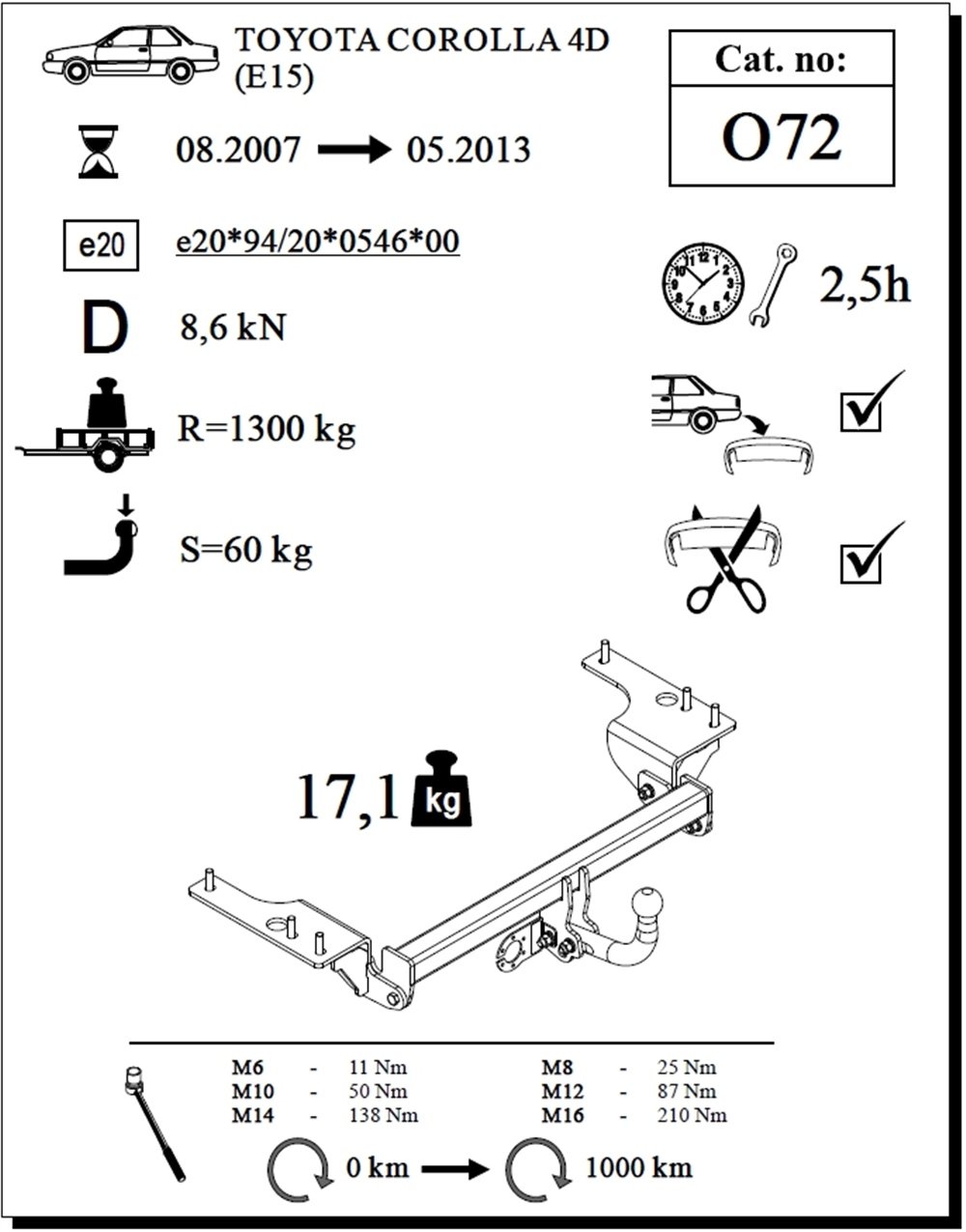 Toyota Corolla 4K Çeki Demiri , Kuğu Boynu - Sabit , 2007 - 2013