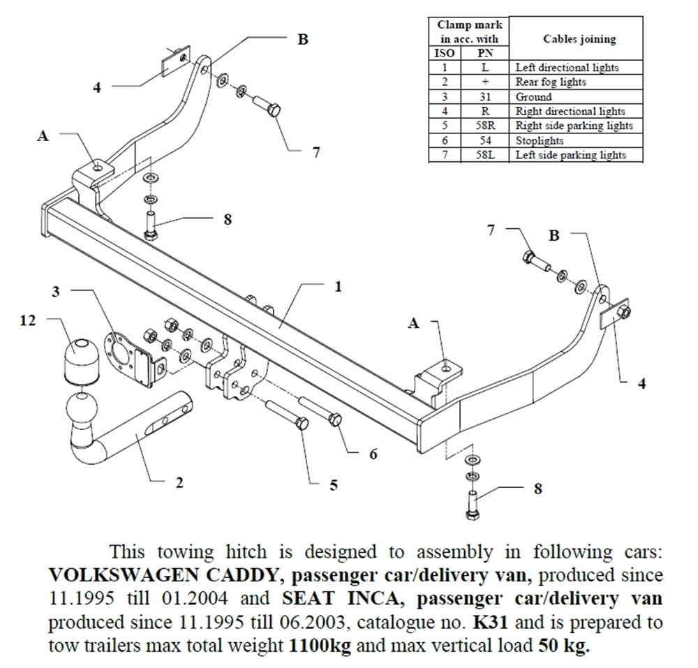 Volkswagen Caddy Çeki Demiri , Kuğu Boynu - Sabit , 1995 - 2004