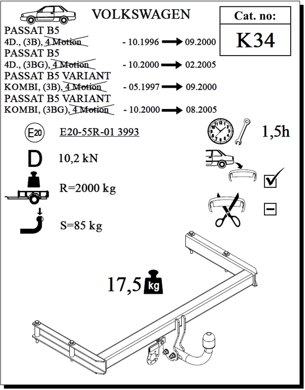 Volkswagen Passat Çeki Demiri , Kuğu Boynu - Sabit , 1996 - 2005