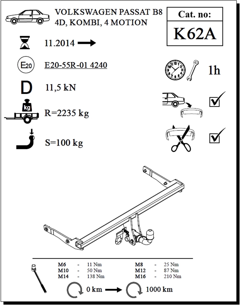 Volkswagen Passat Çeki Demiri , Yatay Sökülebilir , 2014 - Bugüne