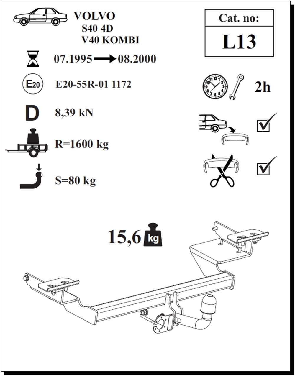 Volvo S40 Çeki Demiri , Kuğu Boynu - Sabit , 1995 - 2000