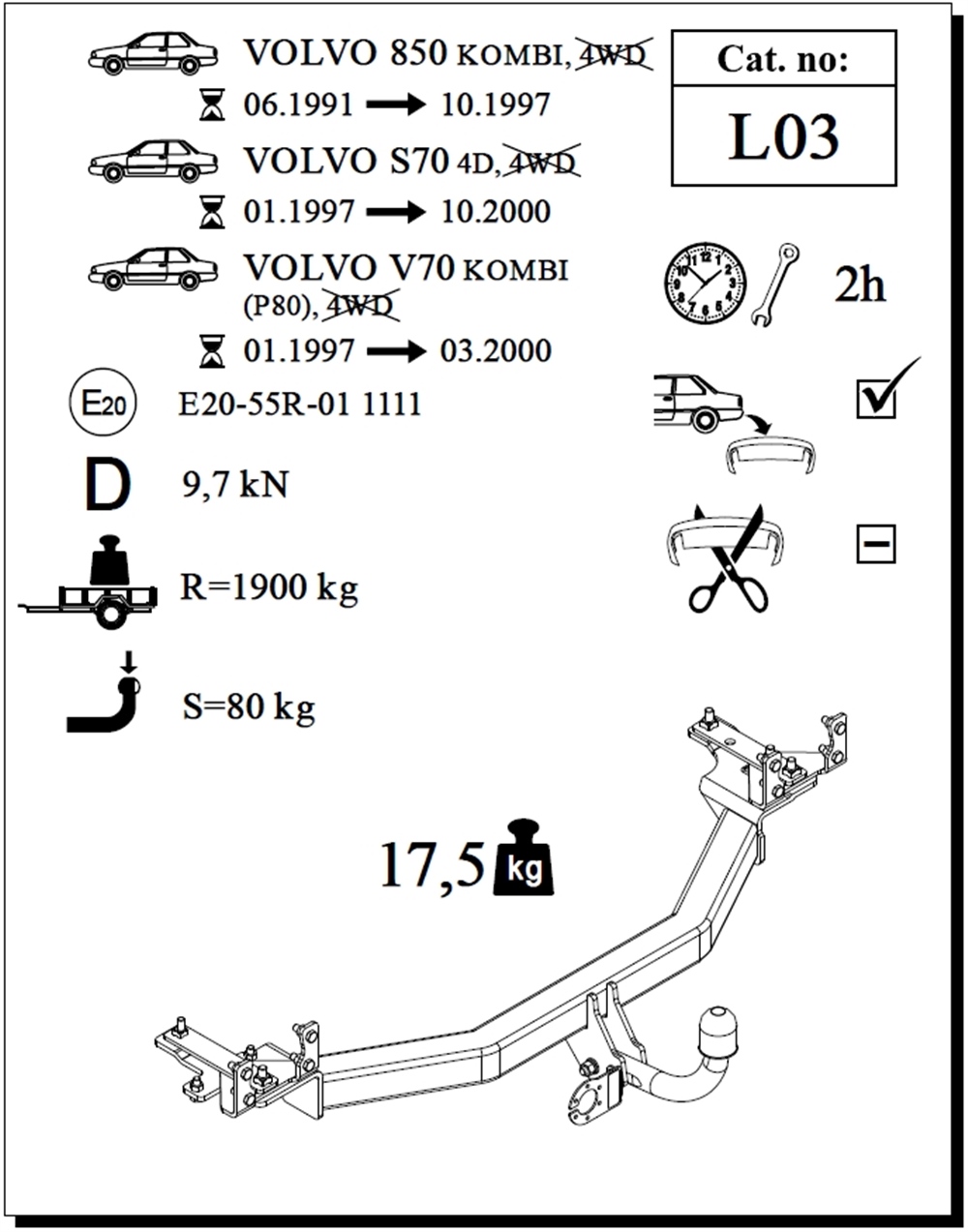 Volvo S70 Çeki Demiri , Kuğu Boynu - Sabit , 1997 - 2000