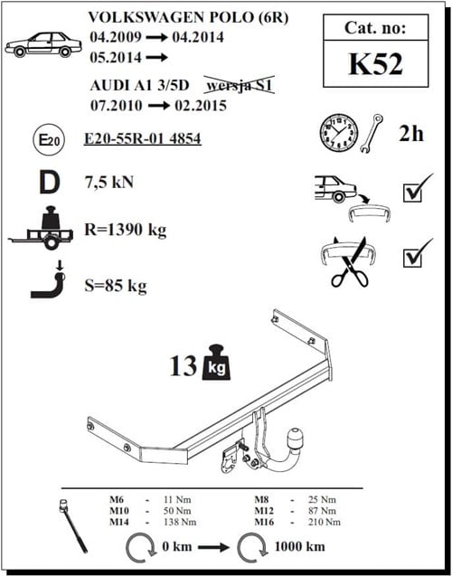 Audi A1 Çeki Demiri , Kuğu Boynu - Sabit , 2010 - 2015