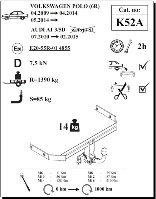 Audi A1 Çeki Demiri , Yatay Sökülebilir , 2010 - 2015