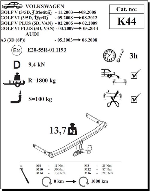 Audi A3 3D Çeki Demiri , Kuğu Boynu - Sabit , 2003 -2008