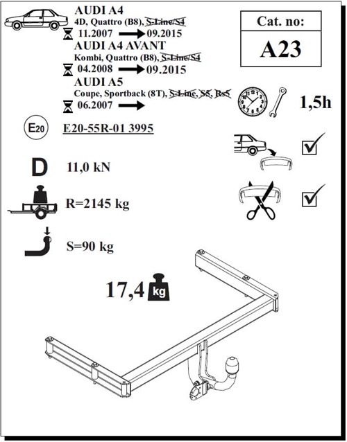Audi A4 4D Çeki Demiri , Kuğu Boynu - Sabit , 2007 - 2015