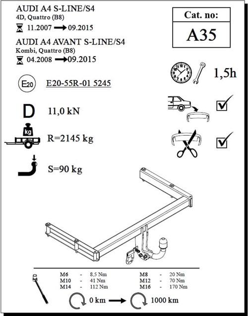 Audi A4 Avant S-Line/S4 Çeki Demiri , Kuğu Boynu - Sabit , 2008 - 2015