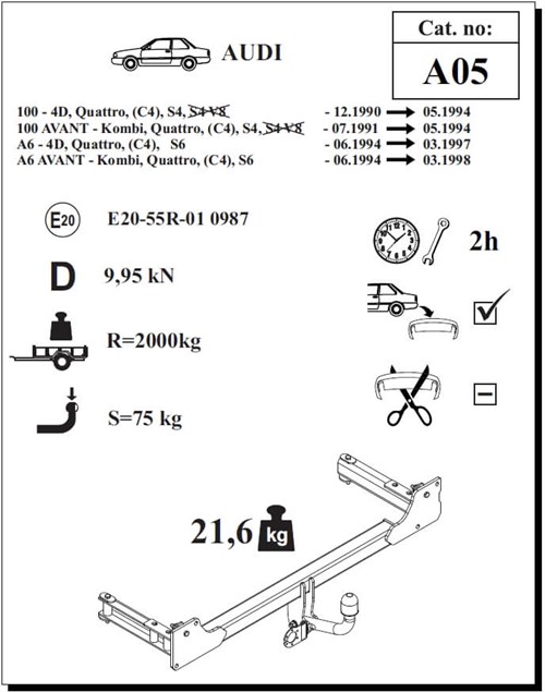 Audi A6 Avant Çeki Demiri , Kuğu Boynu - Sabit , 1994 - 1998
