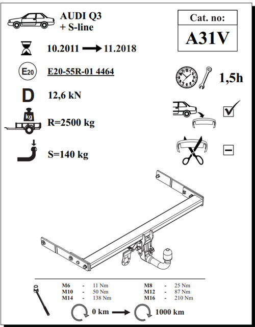 Audi Q3 Çeki Demiri , Dikey Sökülebilir, 2011 - 2018