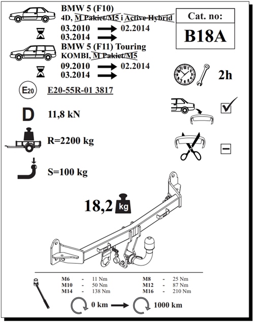 BMW 5 Serisi Touring ( F11 )  Çeki Demiri , Yatay Sökülebilir , 2010 - 2017