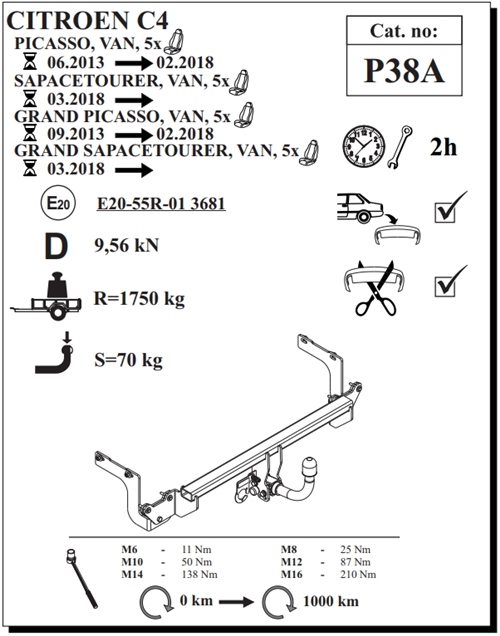 Citroen C4 Grand Picasso Çeki Demiri , Yatay Sökülebilir , 2013 - Bugüne