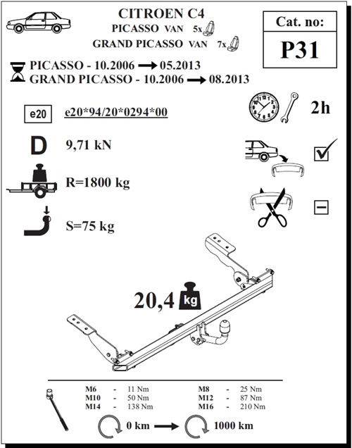 Citroen C4 Picasso Çeki Demiri , Kuğu Boynu - Sabit , 2006 - 2013