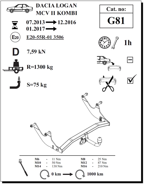 Dacia Logan MCV - 2  Çeki Demiri , Kuğu Boynu - Sabit , 2013 - Bugüne