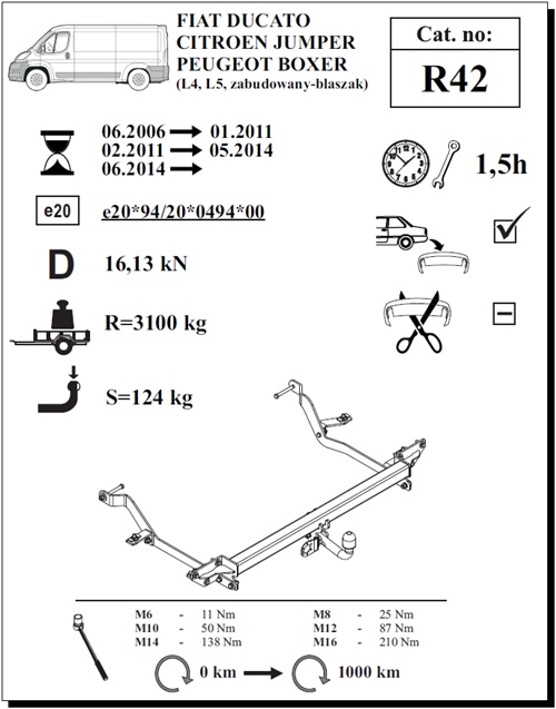 Fiat Ducato Panelvan L4-L5 Çeki Demiri , Kuğu Boynu - Sabit , 2006 - 2011