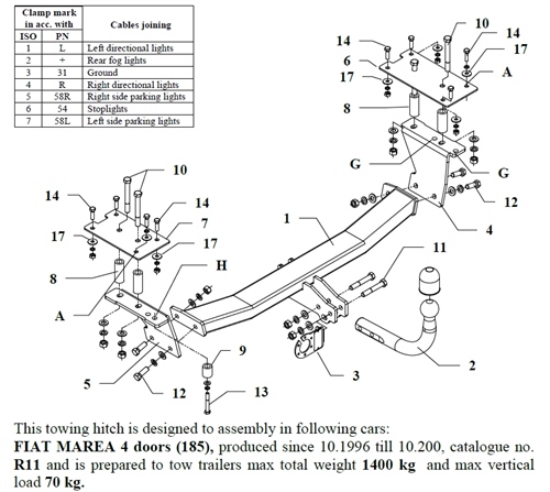 Fiat Marea Çeki Demiri , Kuğu Boynu - Sabit , 1996 - 2001