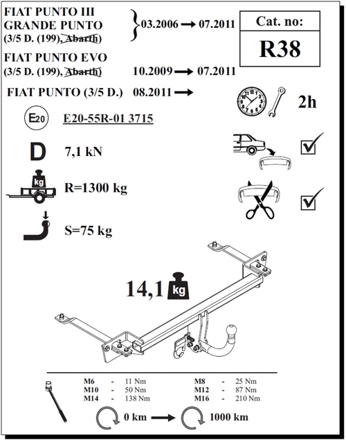 Fiat Punto Evo Çeki Demiri , Kuğu Boynu - Sabit , 2009 - 2011