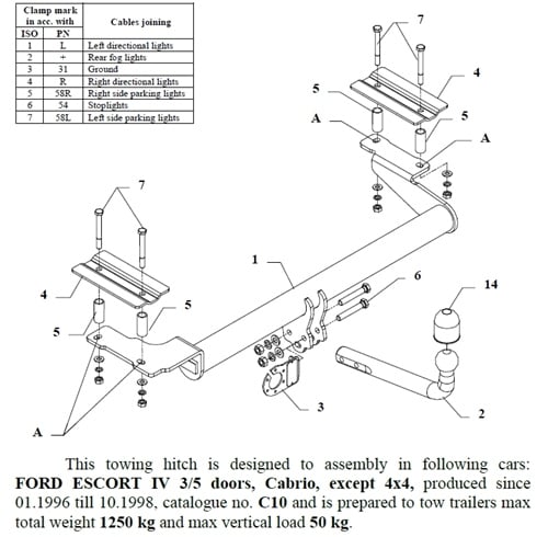 Ford Escort Çeki Demiri , Kuğu Boynu - Sabit , 1996 - 1998