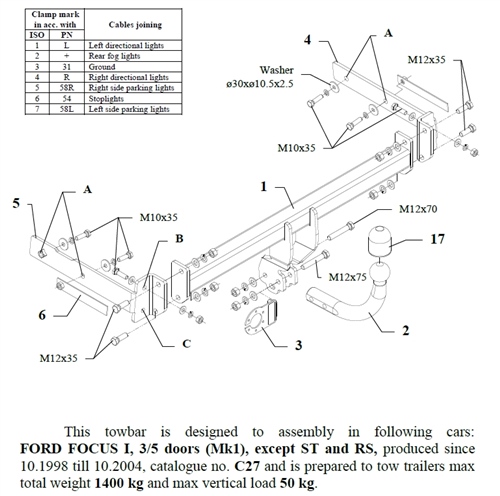 Ford Focus 3/5D Çeki Demiri , Kuğu Boynu - Sabit , 1998 - 2004