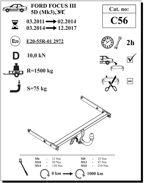 Ford Focus 5D Çeki Demiri , Kuğu Boynu - Sabit , 2011 - 2017