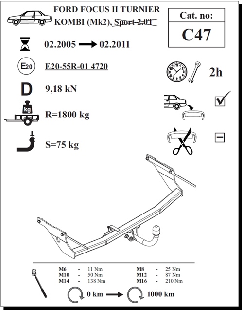 Ford Focus Turnier Çeki Demiri , Kuğu Boynu - Sabit , 2005 - 2011