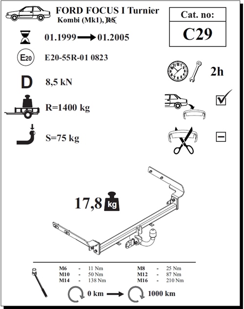 Ford Focus Turnier Çeki Demiri , Kuğu Boynu - Sabit , 1999 - 2005