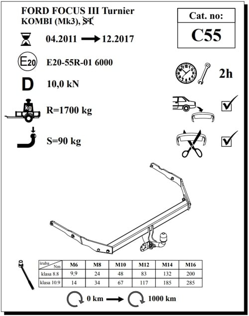 Ford Focus Turnier Çeki Demiri , Kuğu Boynu - Sabit , 2011 - 2017