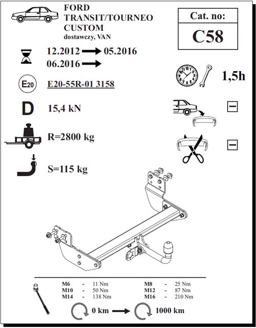 Ford Transit Custom Çeki Demiri , Kuğu Boynu - Sabit , 2012 - Bugüne