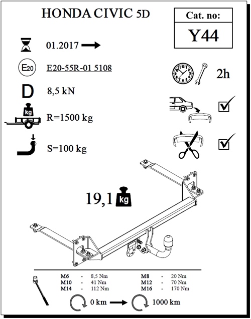Honda Civic 5K Çeki Demiri , Kuğu Boynu - Sabit , 2017 - Bugüne