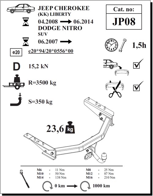 Jeep Cherokee Çeki Demiri , Kuğu Boynu - Sabit , 2008 - 2014