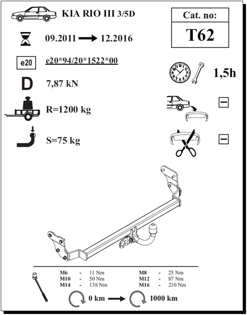 Kia Rio 3/5K Çeki Demiri , Kuğu Boynu - Sabit , 2011 - 2016