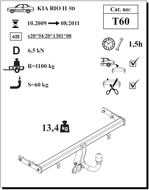 Kia Rio 5K Çeki Demiri , Kuğu Boynu - Sabit , 2009 - 2011