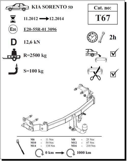 Kia Sorento Çeki Demiri , Kuğu Boynu - Sabit , 2012 - 2014
