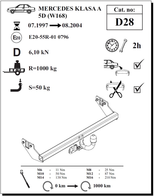 Mercedes A-Class Çeki Demiri , Kuğu Boynu - Sabit , 1997 - 2004