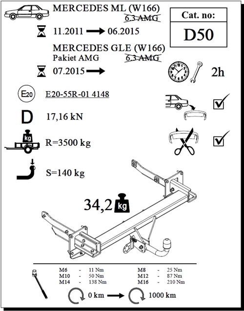 Mercedes ML Çeki Demiri , Kuğu Boynu - Sabit , 2011 - 2015