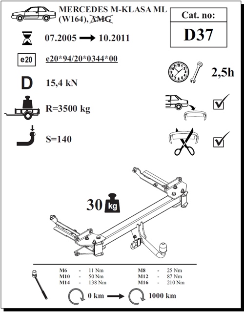 Mercedes ML Çeki Demiri , Kuğu Boynu - Sabit , 2005 - 2011