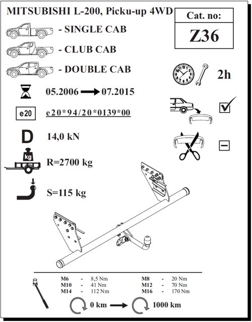Mitsubishi L-200 (Kısa) Çeki Demiri , Kuğu Boynu - Sabit , 2006 - 2015