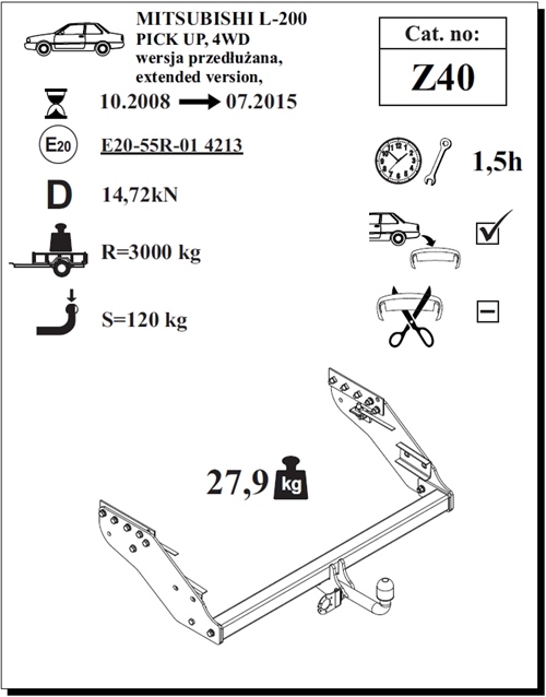 Mitsubishi L-200 (Uzun) Çeki Demiri , Kuğu Boynu - Sabit , 2008 - 2015