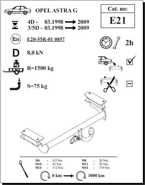 Opel Astra (G) 4K Çeki Demiri , Kuğu Boynu - Sabit , 1998 - 2009