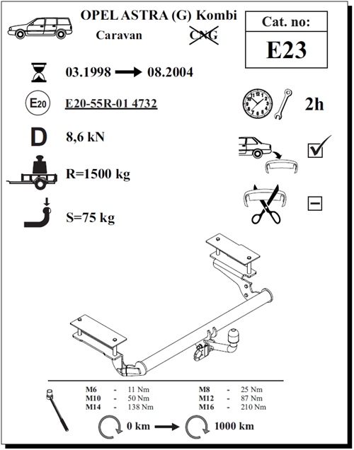 Opel Astra (G) Kombi Çeki Demiri , Kuğu Boynu - Sabit , 1998 - 2004
