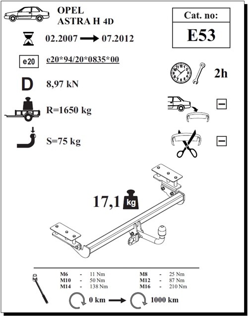 Opel Astra (H) 4K Çeki Demiri , Kuğu Boynu - Sabit , 2007 - 2012