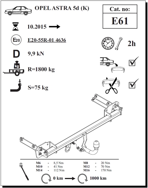 Opel Astra (K) 5K Çeki Demiri , Kuğu Boynu - Sabit , 2015 - Bugüne
