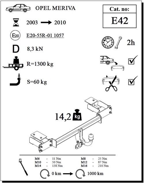 Opel Meriva Çeki Demiri , Kuğu Boynu - Sabit , 2003 - 2010