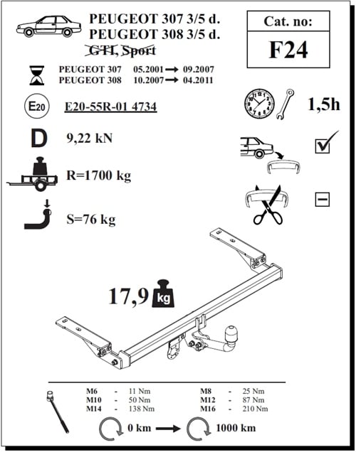Peugeot 307 Çeki Demiri , Kuğu Boynu - Sabit , 2001 - 2007
