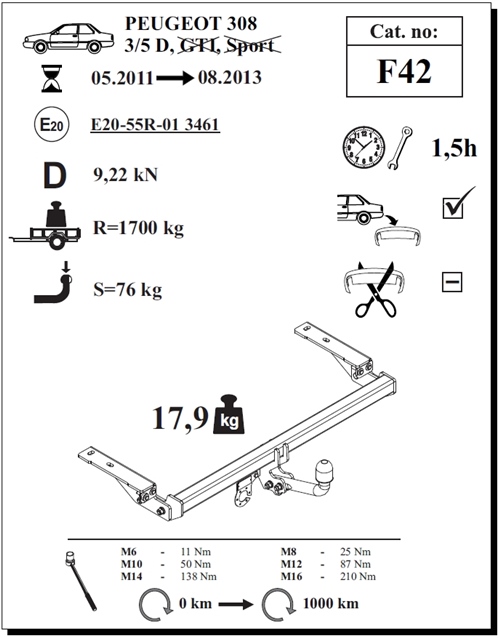 Peugeot 308 Çeki Demiri , Kuğu Boynu - Sabit , 2011 - 2013