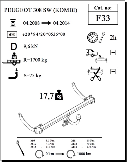 Peugeot 308 SW Çeki Demiri , Kuğu Boynu - Sabit , 2008 - 2014