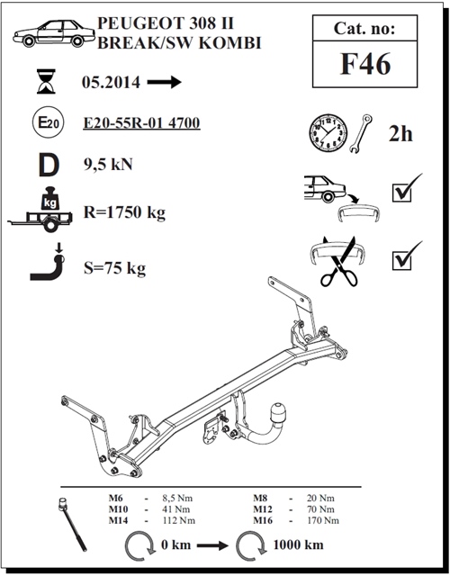 Peugeot 308 SW Çeki Demiri , Kuğu Boynu - Sabit , 2014 - Bugüne