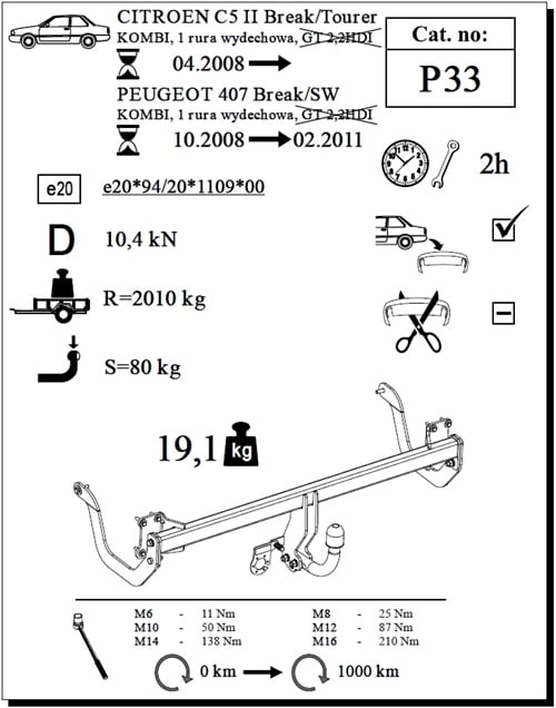Peugeot 407 SW Çeki Demiri , Kuğu Boynu - Sabit , 2008 - 2011