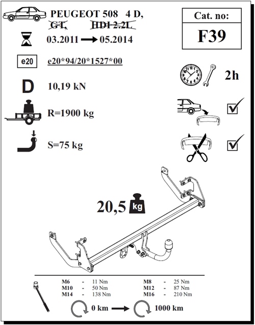 Peugeot 508 Çeki Demiri , Kuğu Boynu - Sabit , 2011 - 2014
