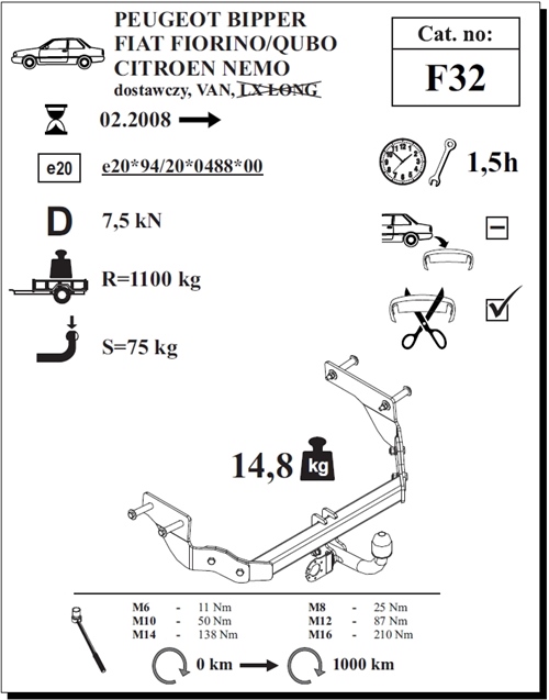 Peugeot Bipper Çeki Demiri , Kuğu Boynu - Sabit , 2008 - Bugüne